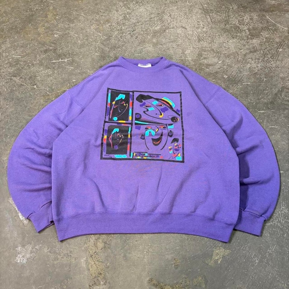 Vintage 90s Hanes San Francisco Abstract Art Purple Sweatshirt Mens Large USA